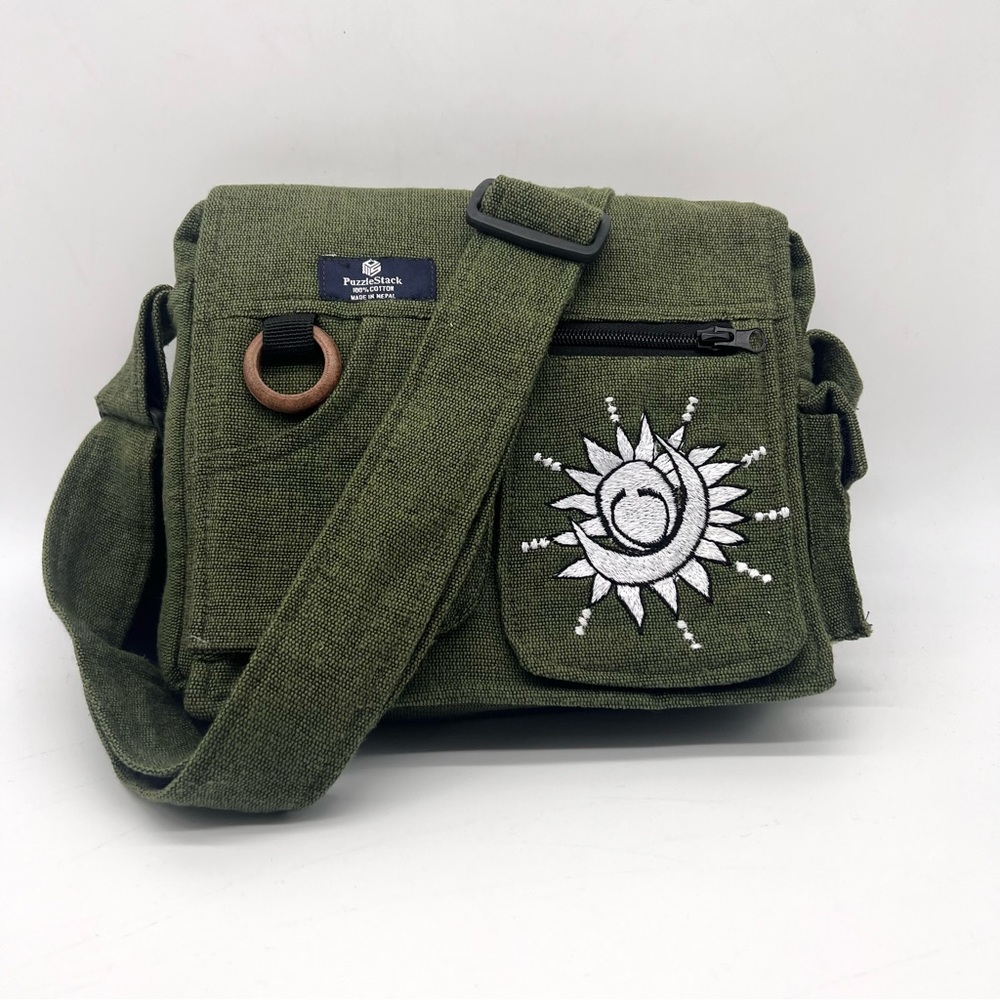 Lukla Green Messenger Bag with Sun Moon Embroidery